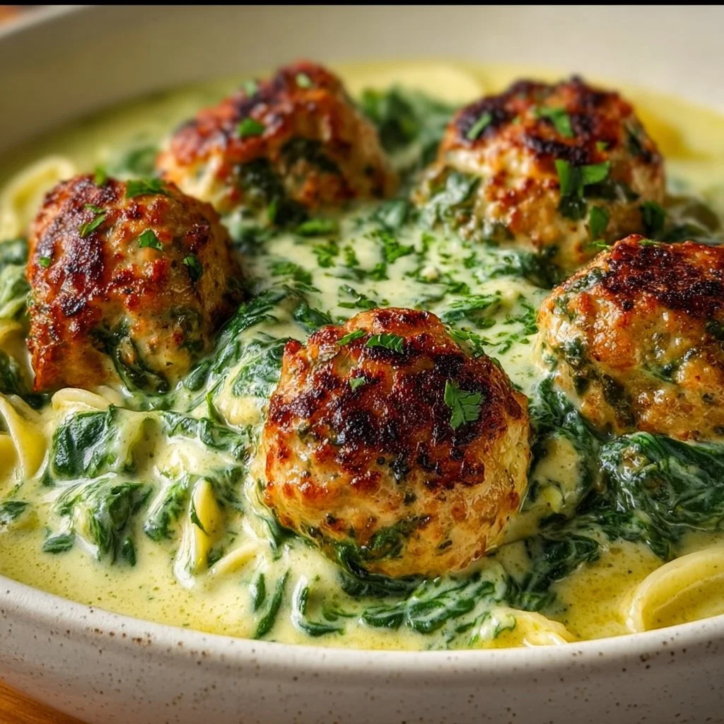 Baked chicken ricotta meatballs served with spinach Alfredo sauce