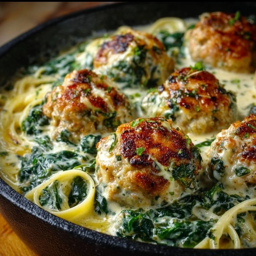 Baked chicken ricotta meatballs in spinach Alfredo sauce garnished with herbs.