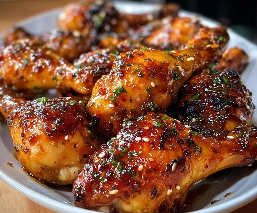 Baked honey garlic chicken drumsticks served on a plate with herbs