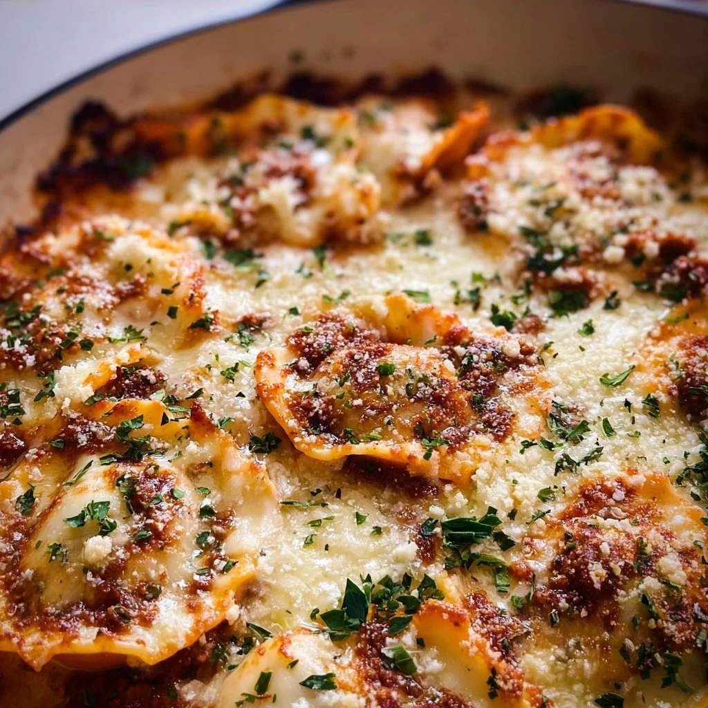 Plate of cheesy baked ravioli topped with marinara sauce and fresh basil.