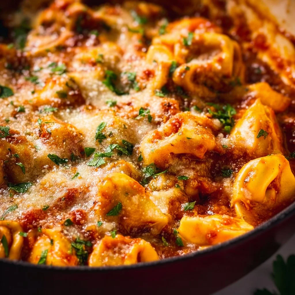 Delicious baked tortellini topped with melted cheese and fresh herbs.