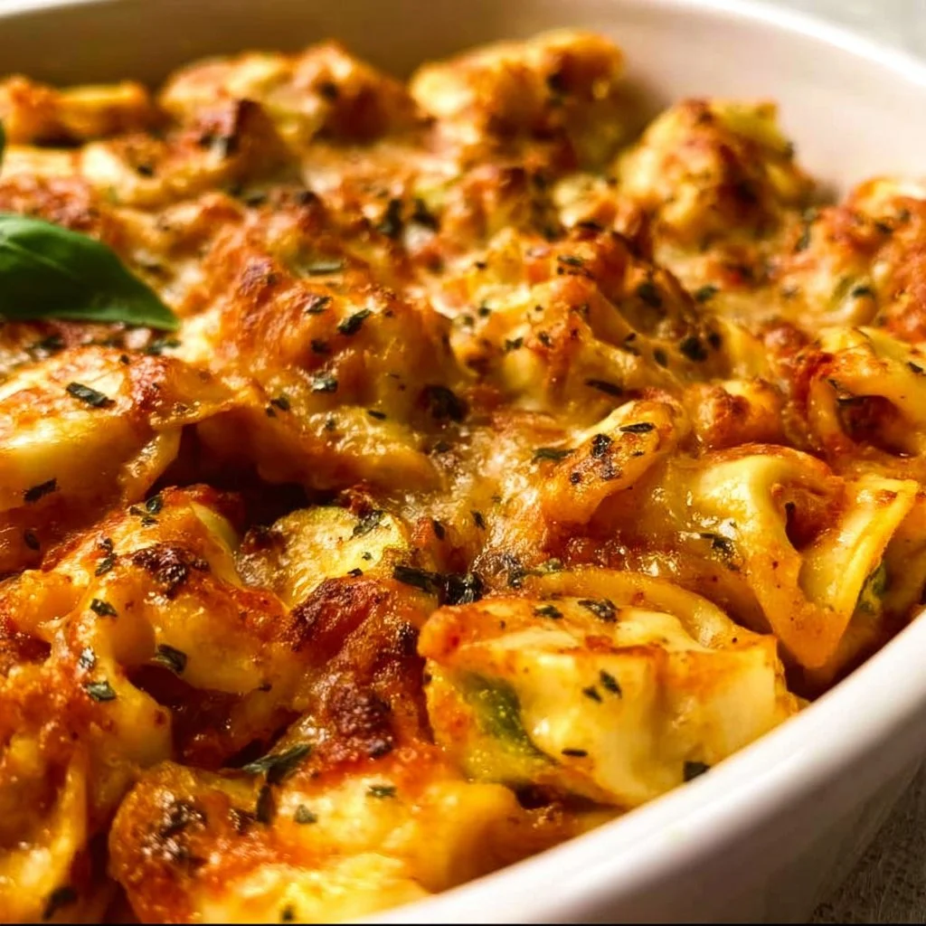Baked tortellini casserole with melted cheese and fresh herbs
