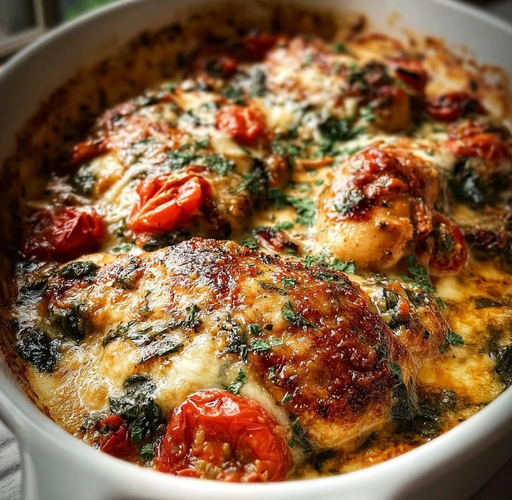 Baked Tuscan Chicken Casserole with vibrant herbs and creamy sauce