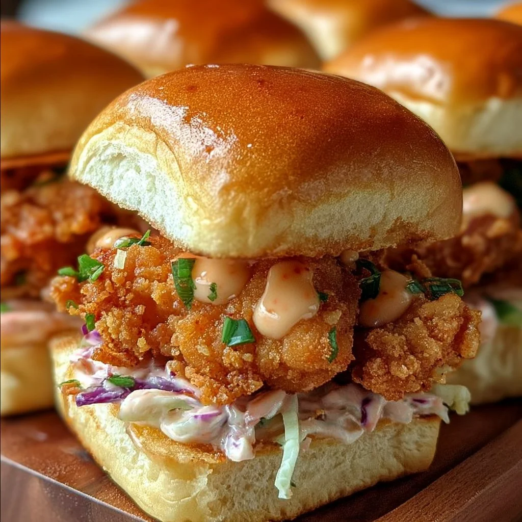 Bang Bang Chicken Sliders served on a plate with fresh toppings.
