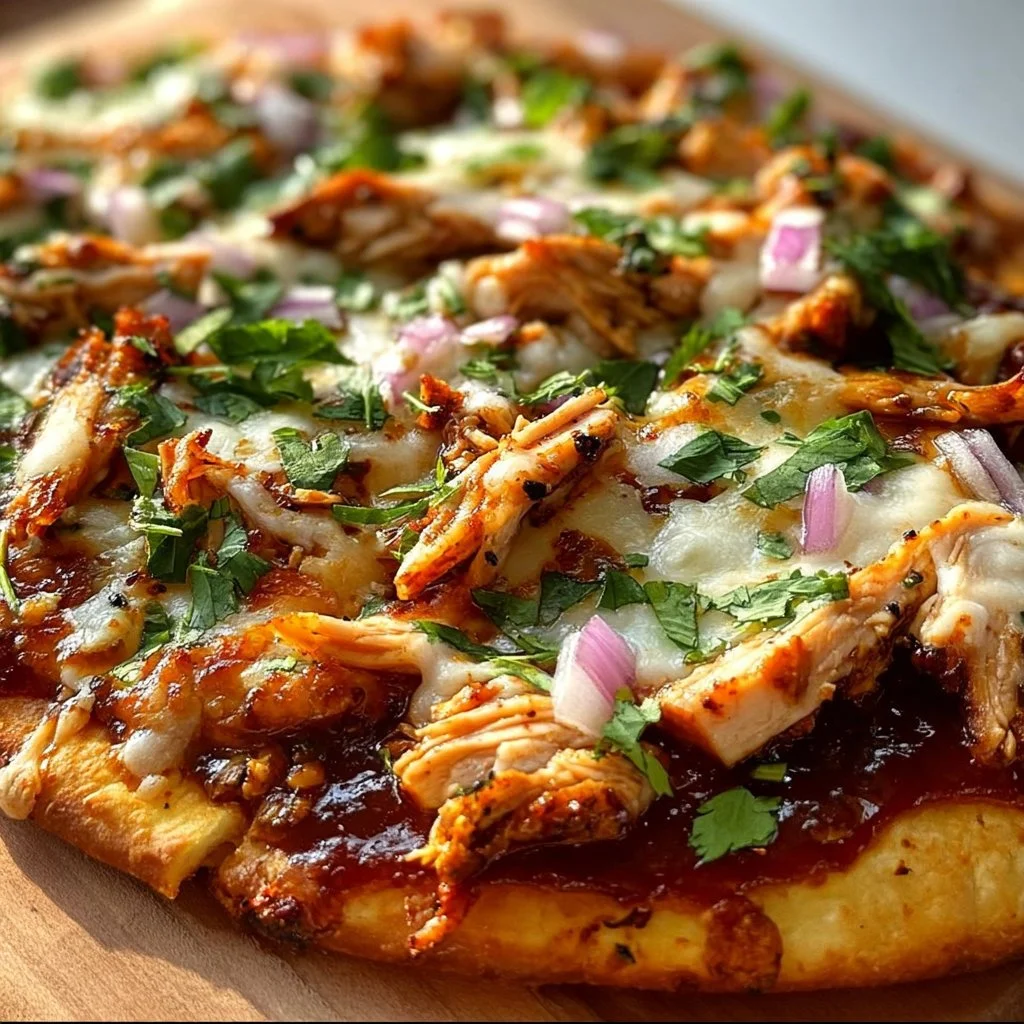 Delicious BBQ Chicken Flatbread topped with fresh ingredients