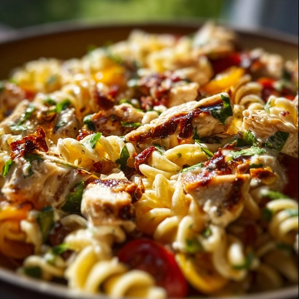 Delicious BBQ chicken pasta salad served in a bowl with colorful veggies.