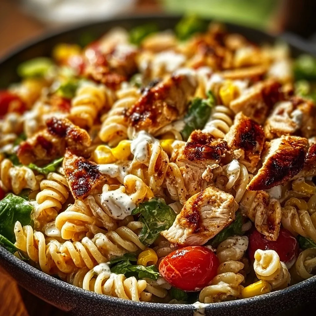 Delicious BBQ Chicken Ranch Pasta Salad with fresh ingredients and vibrant colors