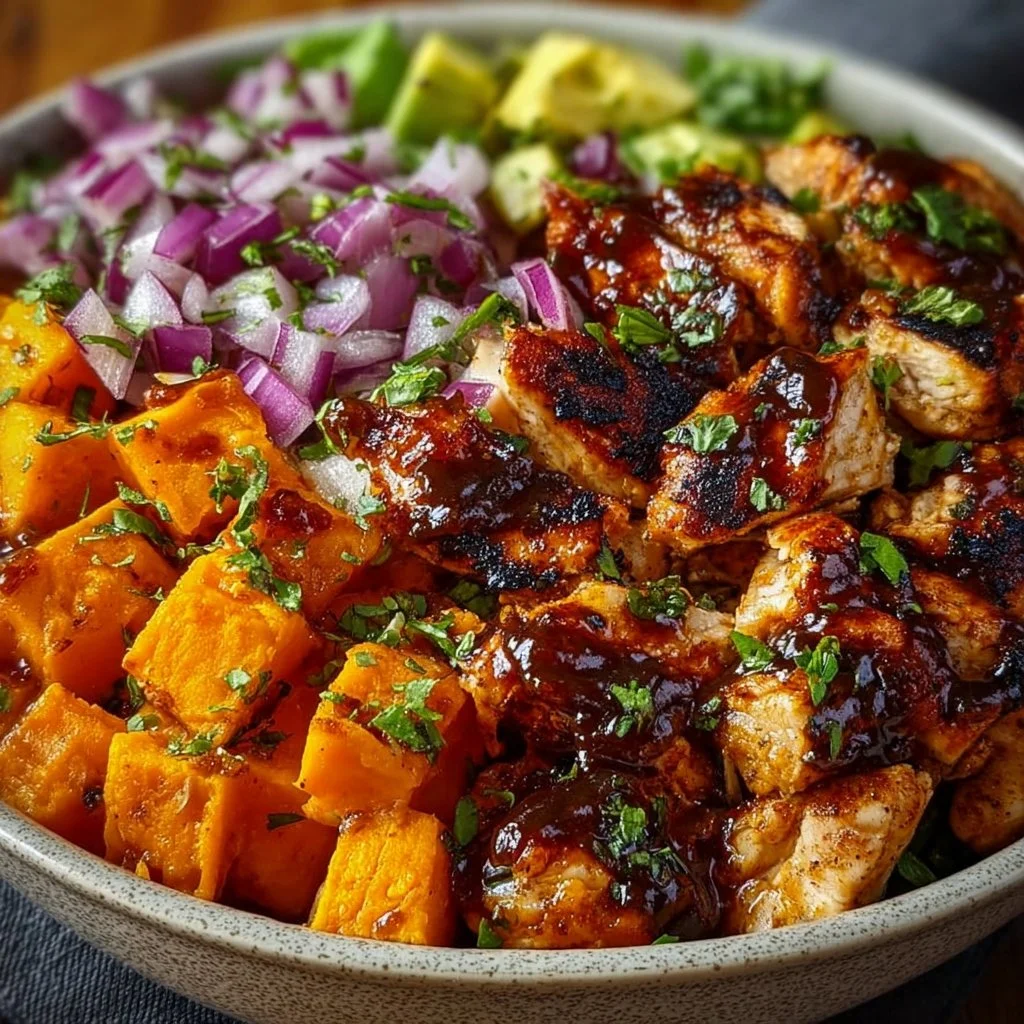 A delicious BBQ Chicken Sweet Potato Bowl topped with fresh greens and spices.