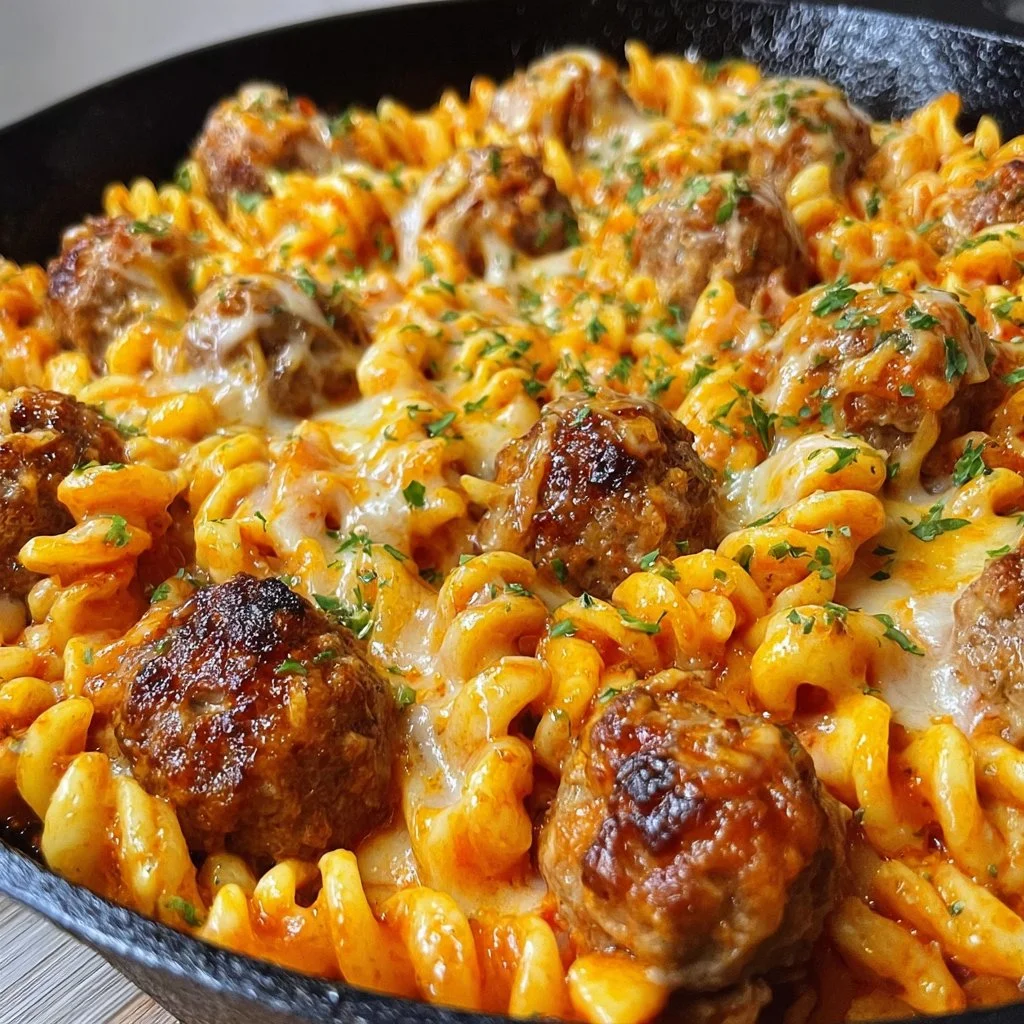 BBQ Ranch Meatball & Cheddar Pasta Skillet for a hearty weeknight dinner