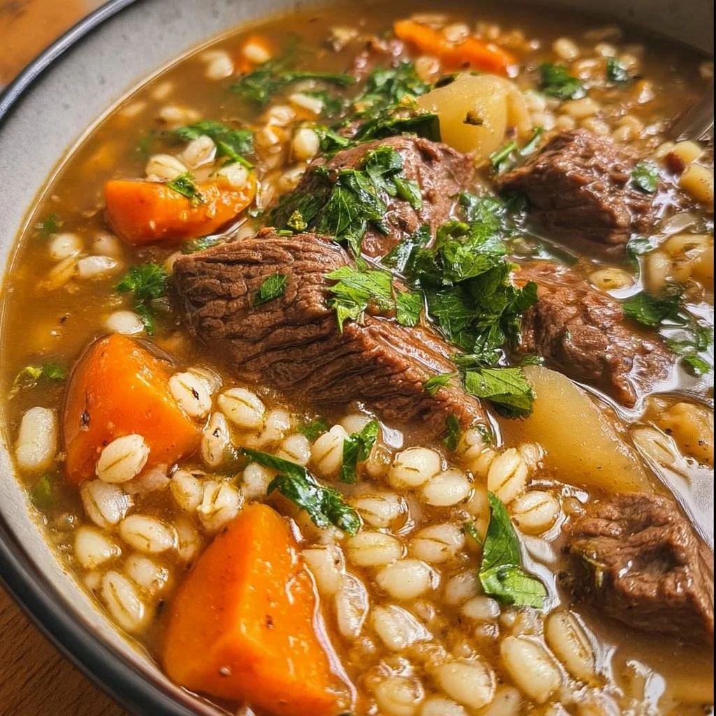 Bowl of delicious beef barley soup with fresh vegetables and herbs