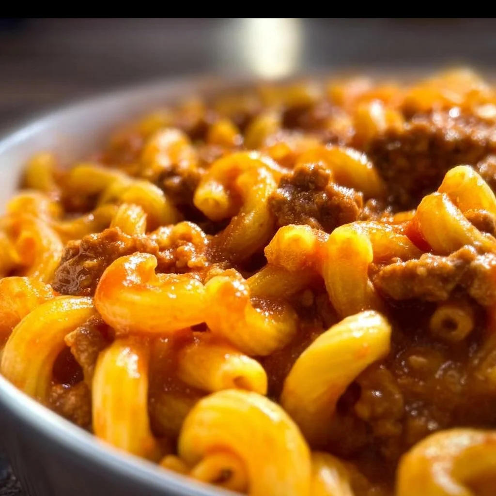 Bowl of Beefaroni pasta with beef in tomato sauce