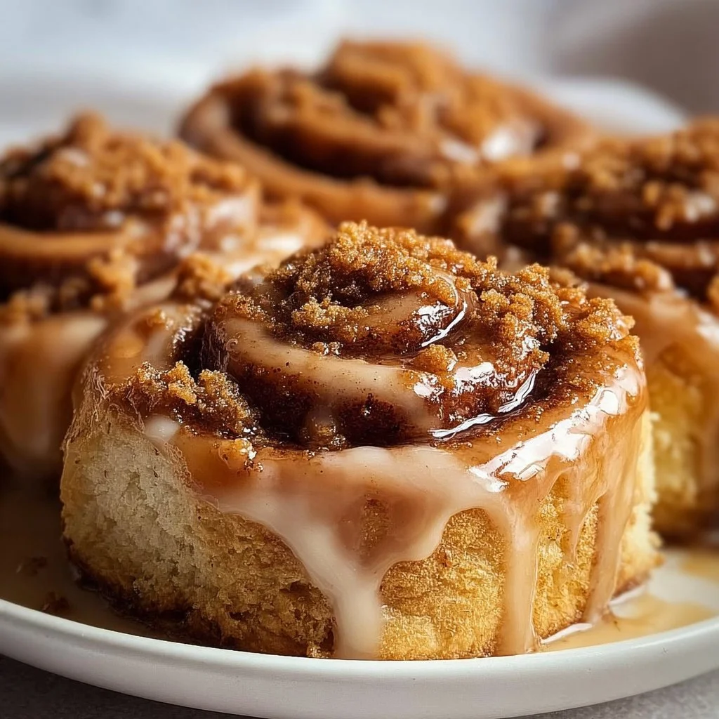 Biscoff cookie butter cinnamon rolls topped with icing on a plate