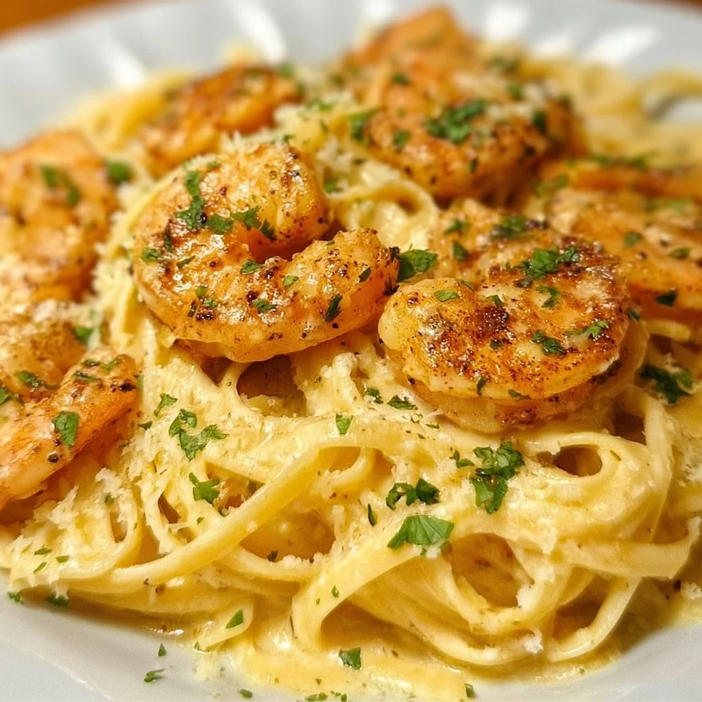 Delicious Blackened Shrimp Alfredo served with creamy sauce over pasta.