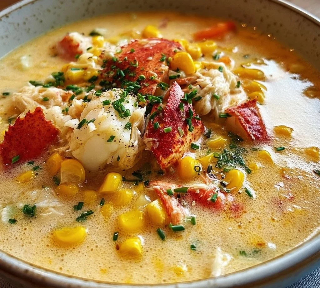 Bobby Flay's delicious Crab Corn Chowder topped with herbs in a bowl