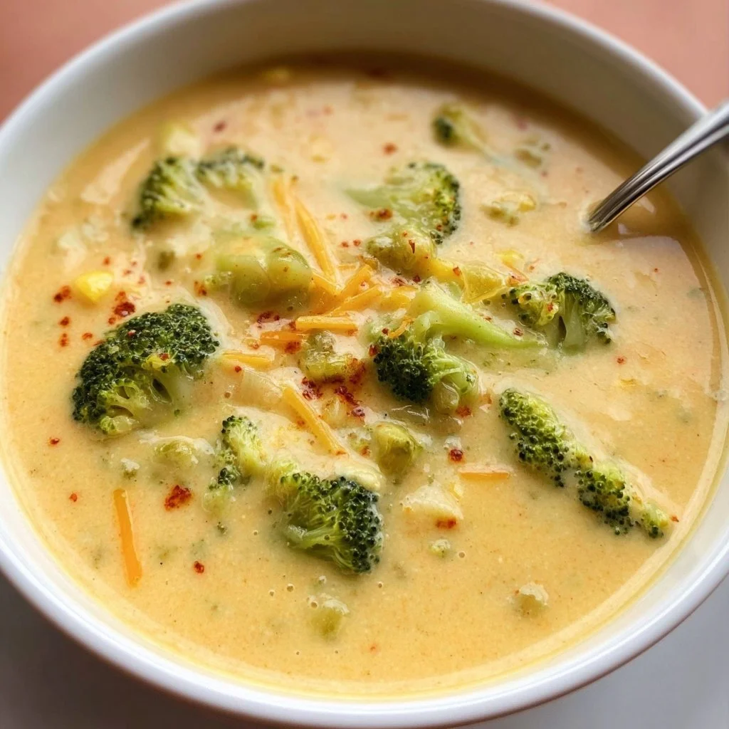Bowl of creamy broccoli cauliflower soup topped with herbs and spices