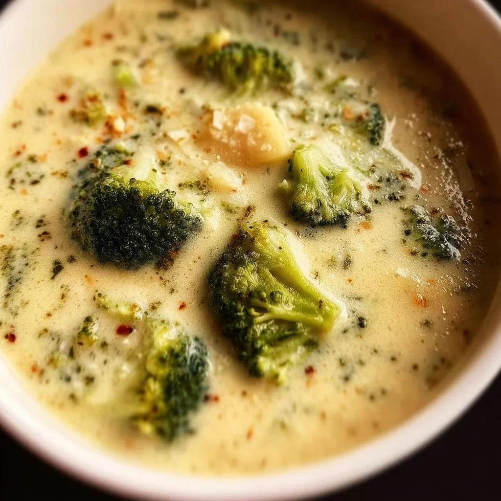Bowl of creamy broccoli cheese soup garnished with fresh herbs.