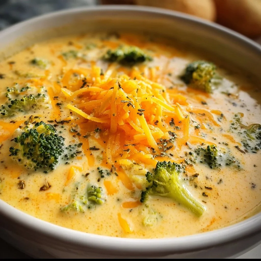 A bowl of creamy broccoli cheese soup garnished with fresh broccoli florets.