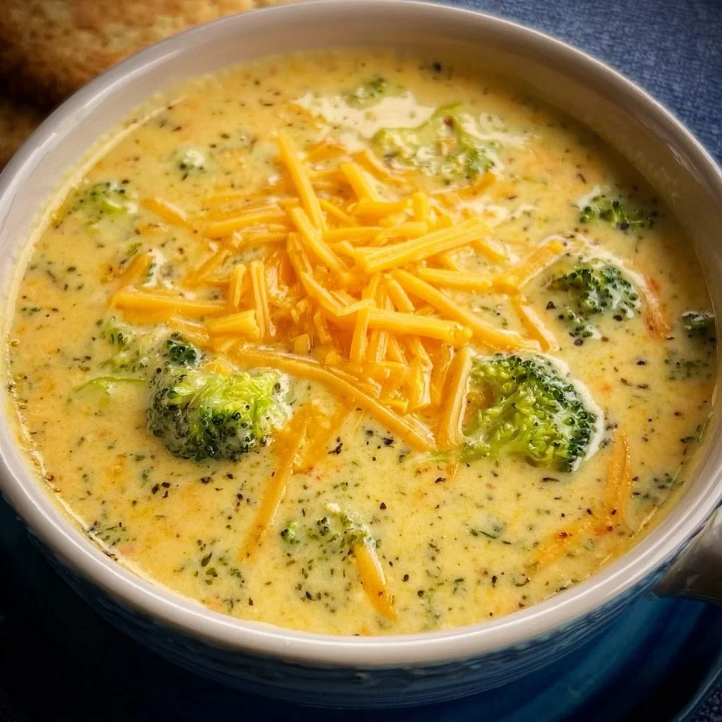 Bowl of creamy broccoli cheese soup garnished with cheese and herbs
