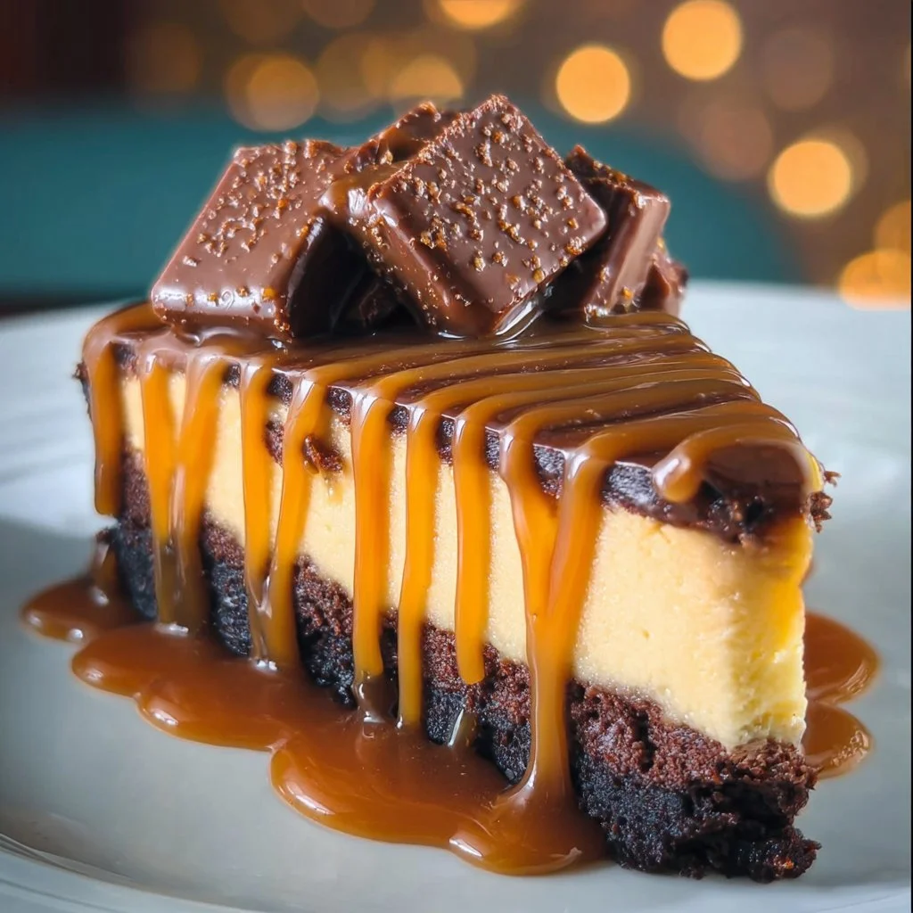 Delicious Brownie Caramel Cheesecake layered with rich brownie and creamy caramel.