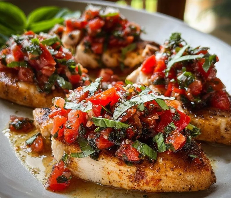 Delicious Bruschetta Chicken with tomatoes and basil topping