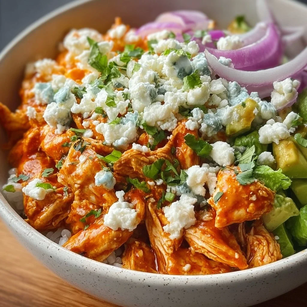 Delicious Buffalo Chicken Bowl topped with fresh ingredients