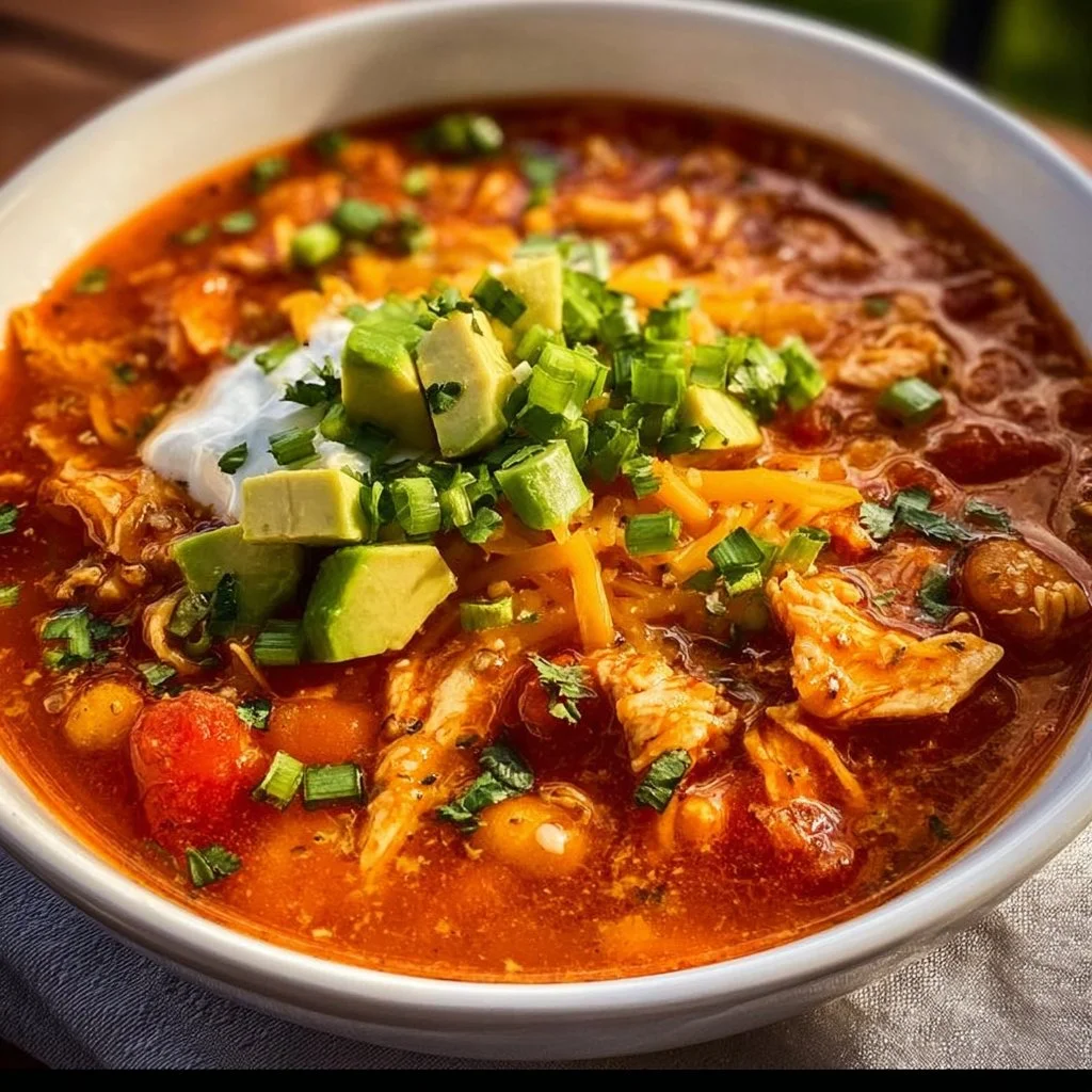 Bowl of delicious Buffalo Chicken Chili topped with green onions and cheese