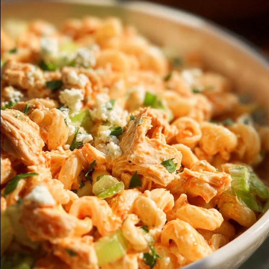 Buffalo Chicken Pasta Salad with colorful ingredients in a bowl