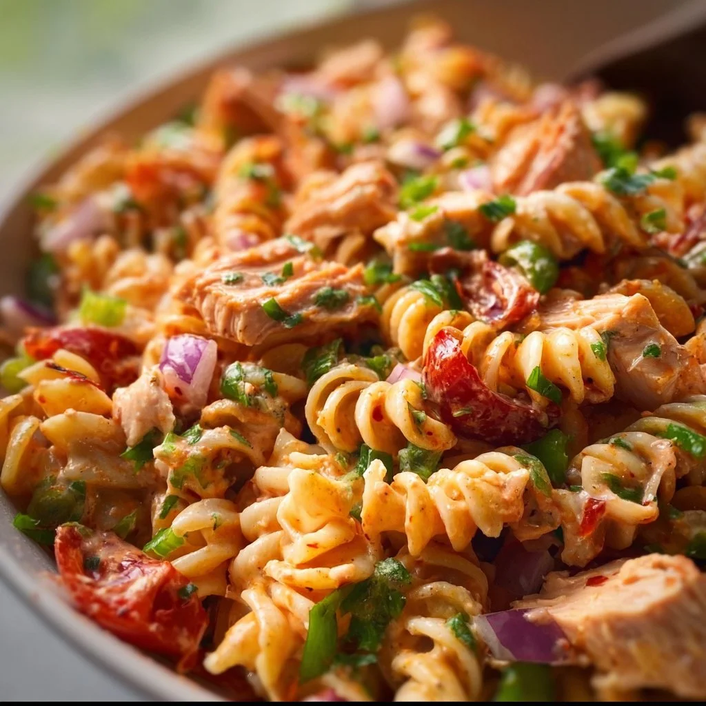 Buffalo Chicken Pasta Salad served in a bowl with spicy dressing and garnishes