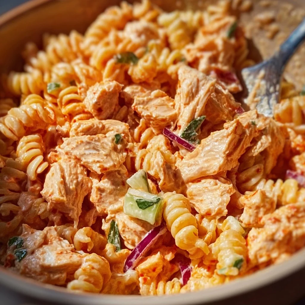 Bowl of Buffalo Chicken Pasta Salad with vibrant ingredients