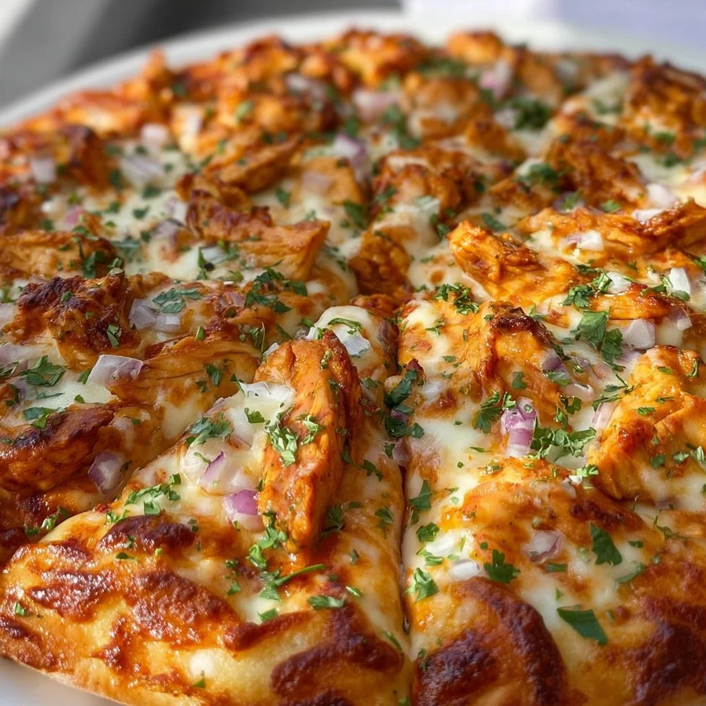 Delicious homemade Buffalo Chicken Pizza topped with spicy chicken and cheese.