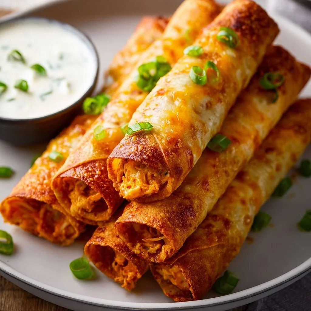 Buffalo Chicken Taquitos freshly baked and served with dipping sauce.