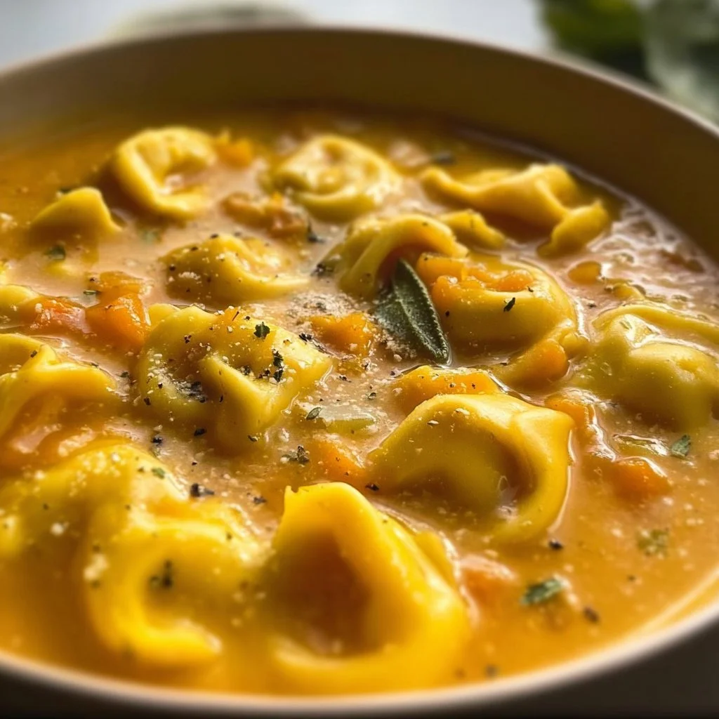 Bowl of butternut squash soup with cheesy tortellini and herbs