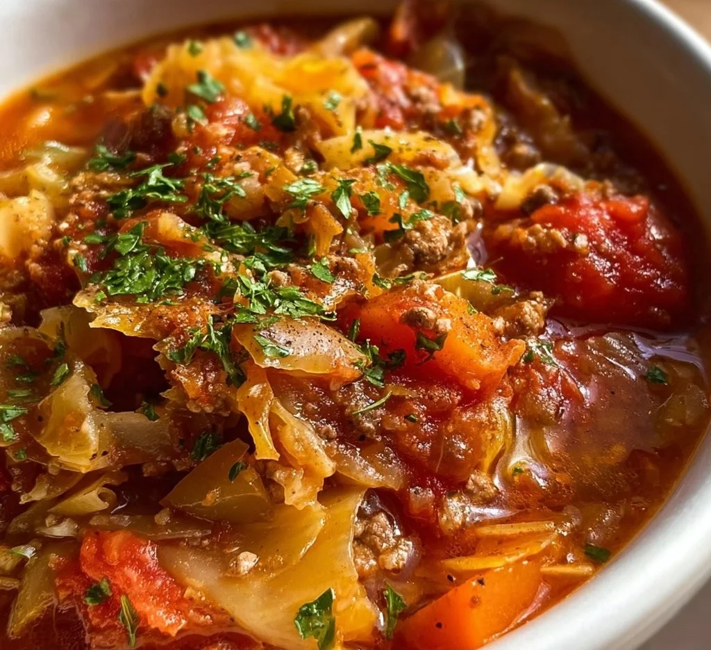 Delicious bowl of cabbage roll soup garnished with herbs