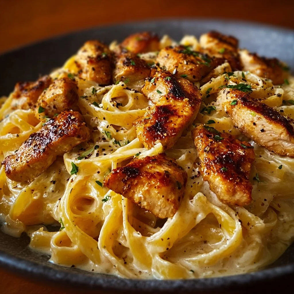 Delicious Cajun Chicken Fettuccine Alfredo served in a creamy sauce
