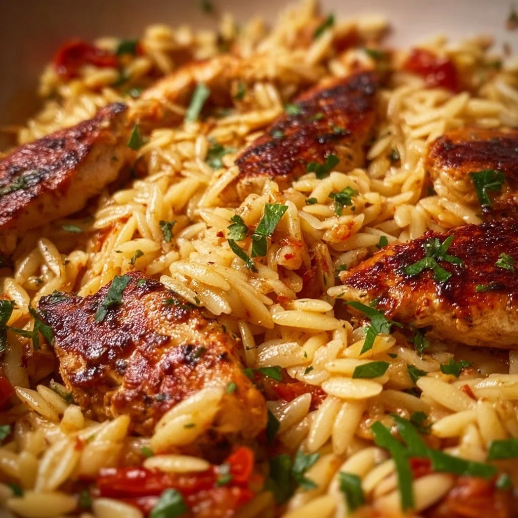 A bowl of Cajun Chicken Orzo topped with herbs and vegetables