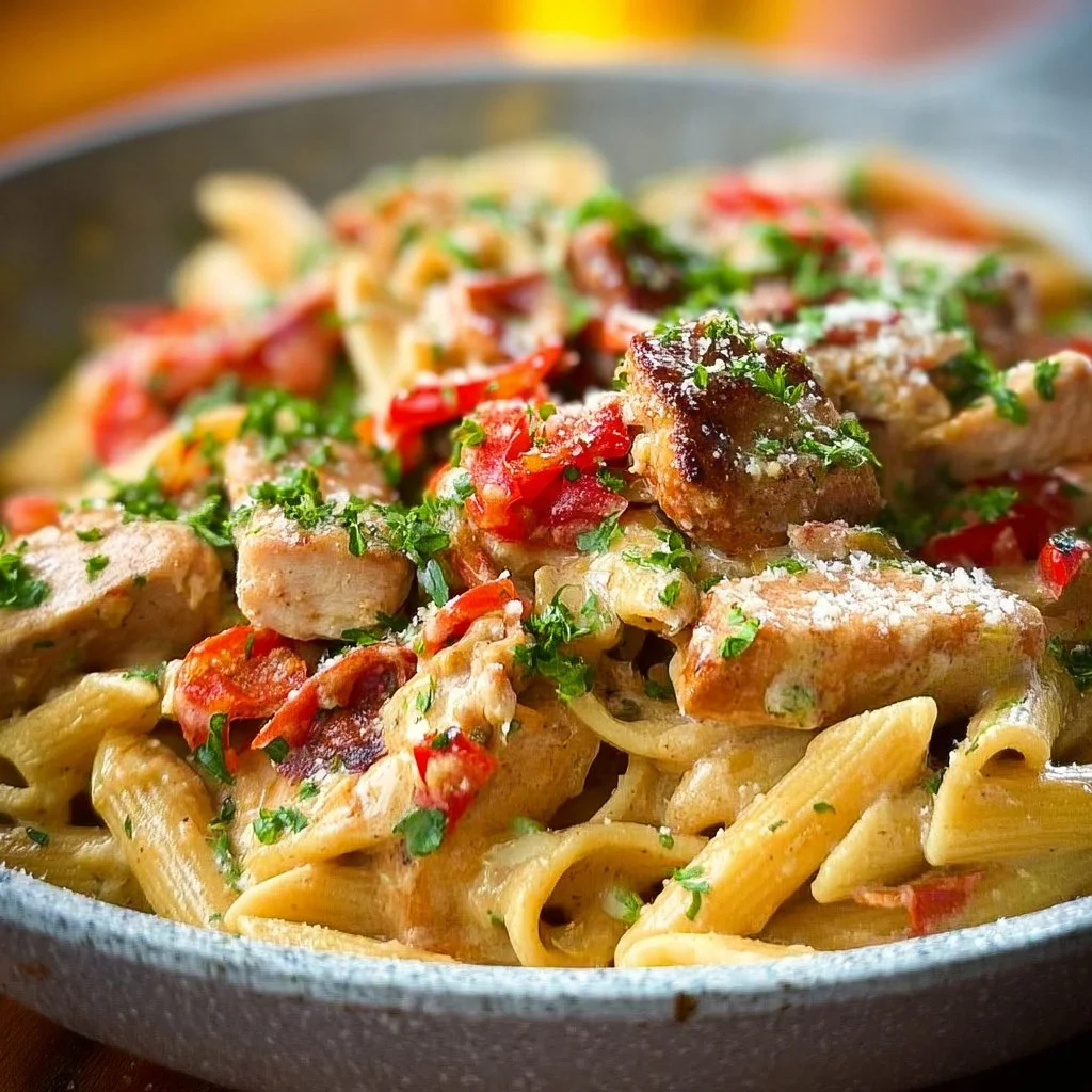 Plate of Cajun Chicken Pasta with colorful peppers and creamy sauce
