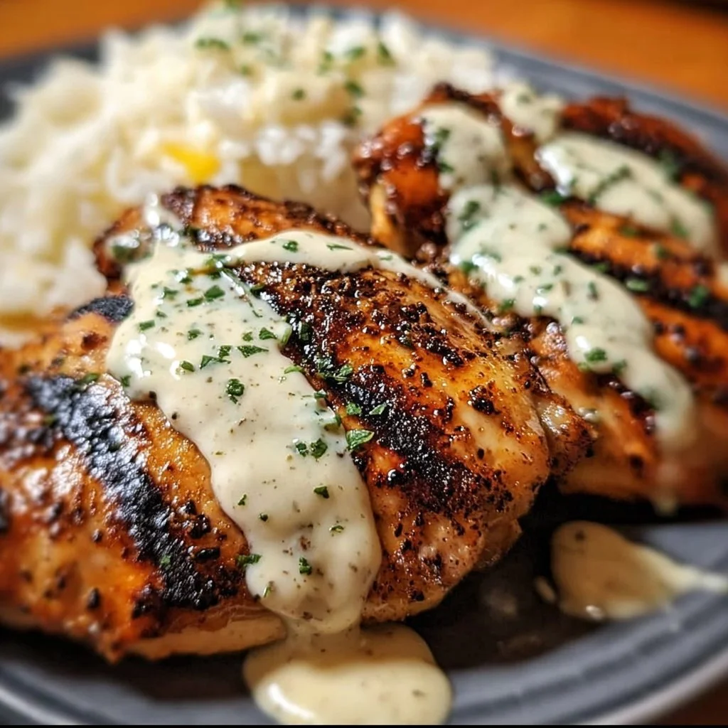 Cajun grilled chicken served with Alabama white sauce on a plate.