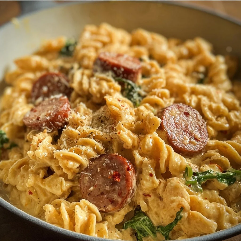 Creamy Cajun Sausage Alfredo Pasta dish garnished with herbs