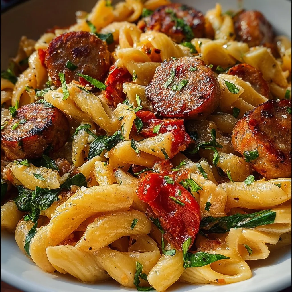 Delicious bowl of Cajun Sausage Pasta garnished with herbs