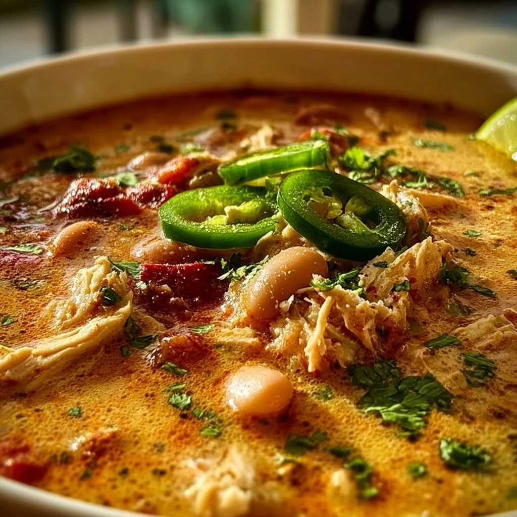 Bowl of Cajun White Chicken Chili topped with fresh herbs and spices
