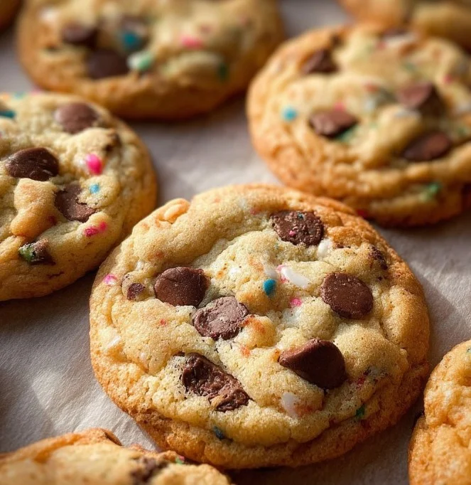 Delicious cake batter chocolate chip cookies stacked on a plate.