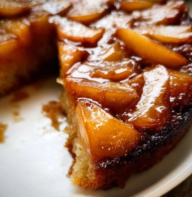 Delicious caramel apple upside down cake with a rich caramel glaze and fresh apples.