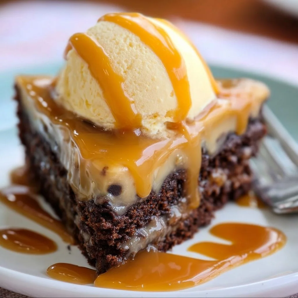 Delicious homemade Caramel Fudge Cake topped with rich caramel drizzle