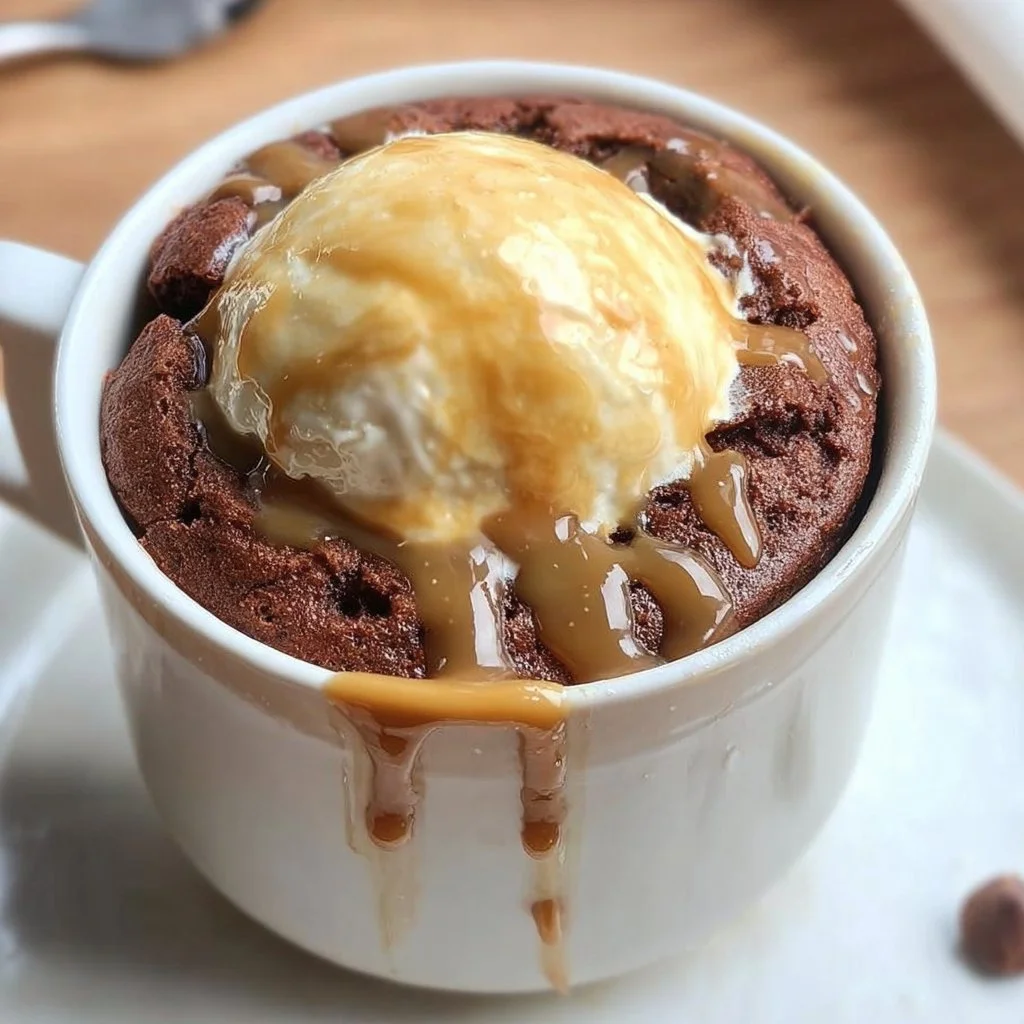 Delicious Caramel Fudge Mug Cake topped with caramel drizzle