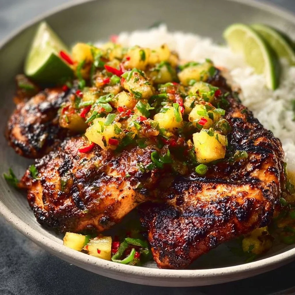 Caribbean jerk chicken served with fresh pineapple salsa on a plate