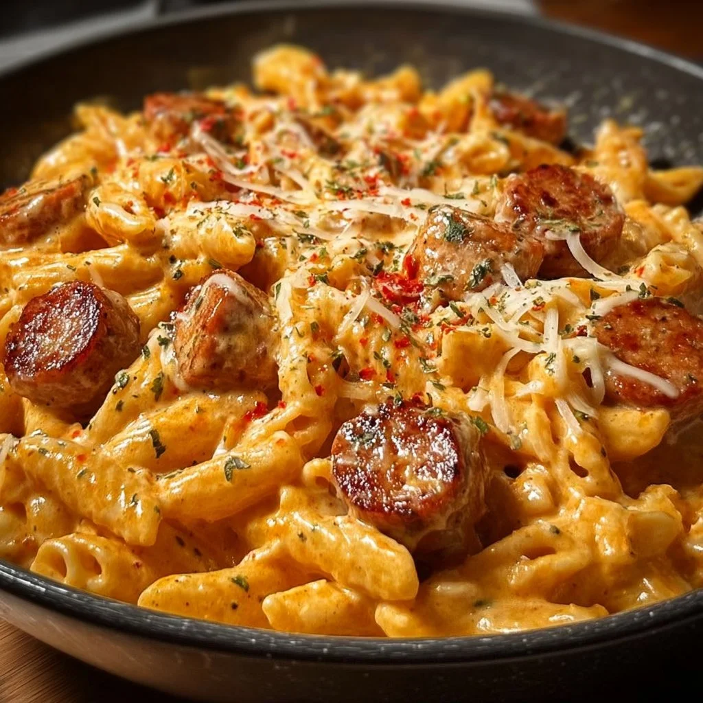 Delicious plate of Cheesy Cajun Chicken and Sausage Pasta with creamy sauce and spices