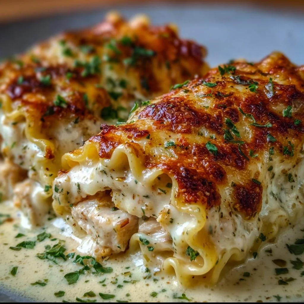 Cheesy Chicken Alfredo Lasagna Rolls served in a baking dish