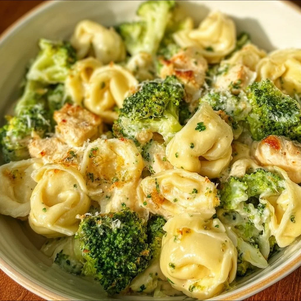 A creamy dish of Cheesy Chicken Broccoli Tortellini served in a bowl.