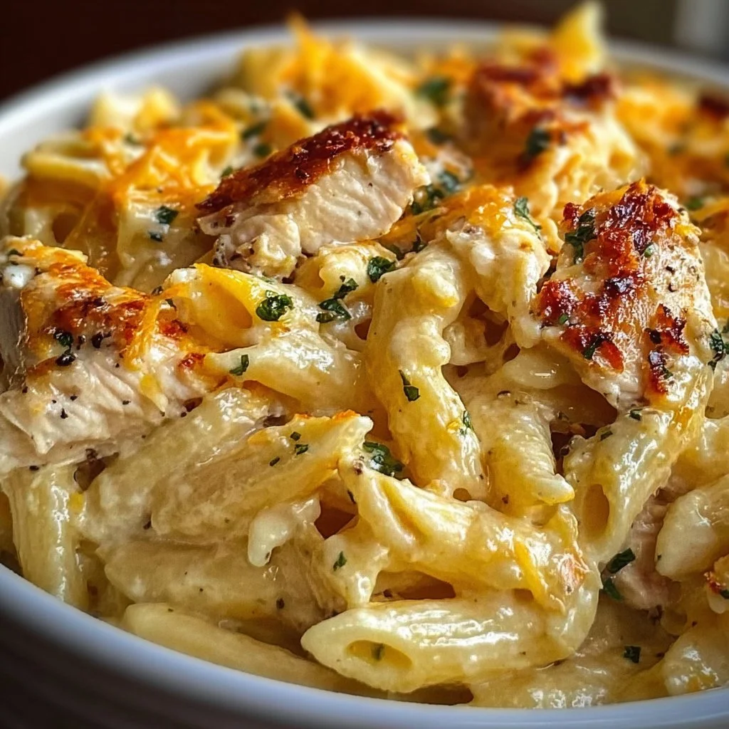 Delicious Cheesy Crack Chicken Pasta served in a bowl with herbs