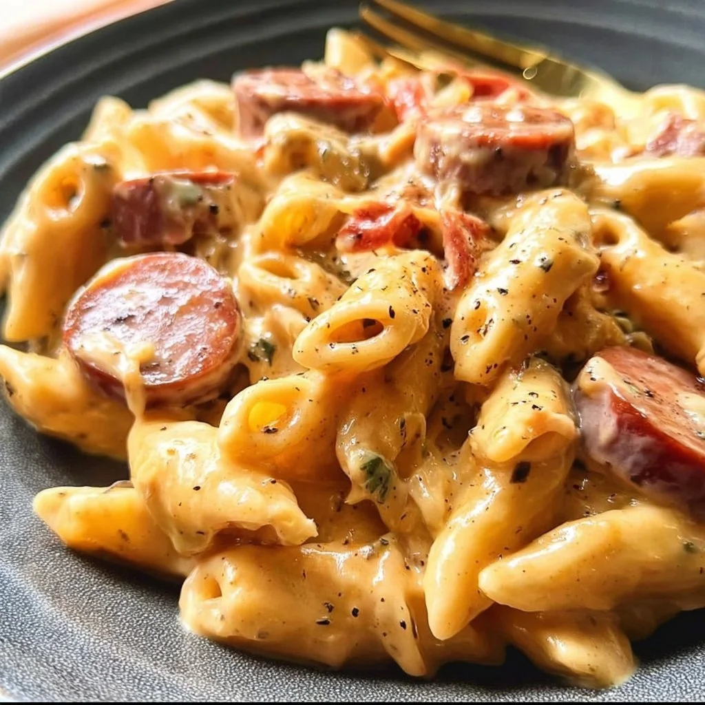 Plate of cheesy kielbasa pasta topped with herbs and cheese